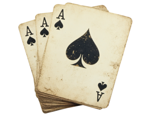 Three vintage playing cards, aces of spades