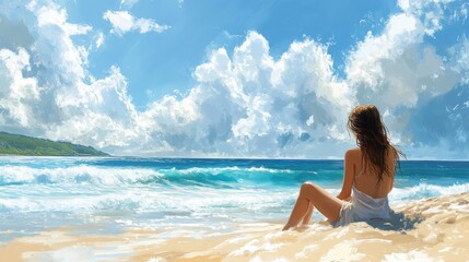 Woman on beach, serene view
