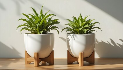 Fototapeta premium Sunlight and two white plant pots with wooden bases and plants.