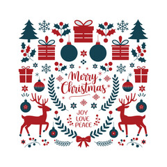 Naklejka premium Merry Christmas Greeting Design with Reindeer, Gifts, and Holiday Icons – Vector Illustration