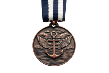 Bronze medal with ribbon, depicting an anchor with wings over water