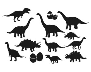 Collection of black dinosaur vector silhouettes in various poses
