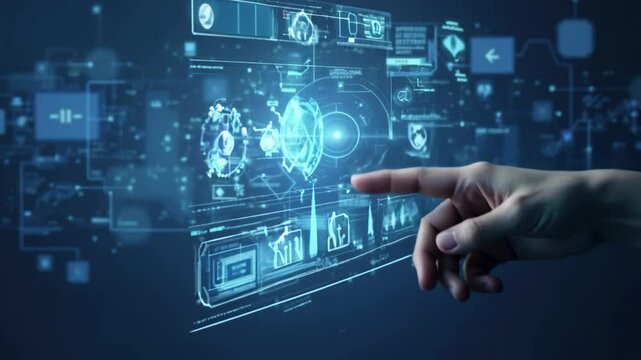 A close-up of a hand that uses interactive screens to get information.