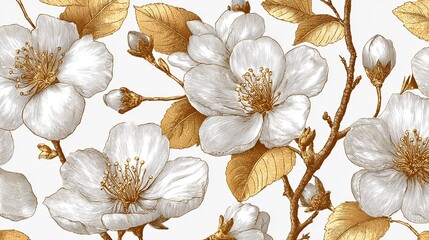 Elegant floral wallpaper featuring white blossoms and golden leaves, creating a serene and sophisticated design.