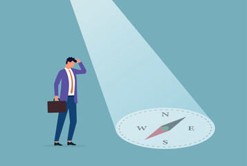 Vector illustration of a confused businessman standing under a compass shaped spotlight, symbolizing uncertainty, directionless decision making, and the search for strategic guidance in business
