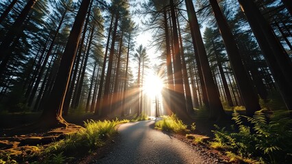 A winding path surrounded by dense green foliage with tall pine trees and soft sunlight filtering through the canopy