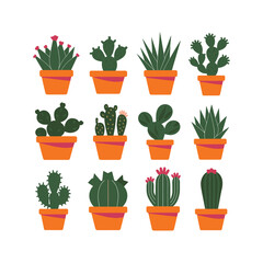 Flat Style Potted Cactus and Succulent Plant Set