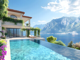 Seaside villa with a pool overlooks a scenic bay and mountainous landscape on a bright sunny day.