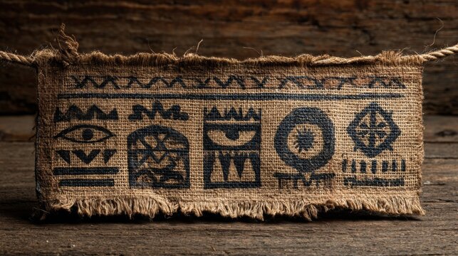 Ancient Fabric with Symbolic Glyphs on Wooden Background