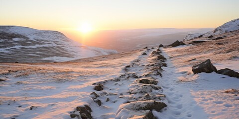 Winter sunset mountain path snow covered landscape