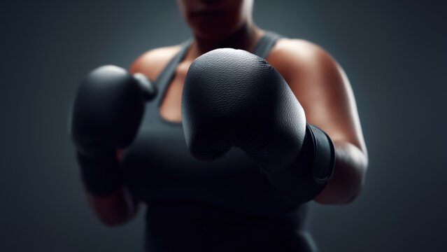 Female plus-size boxer wearing black boxing gloves and sportswear. Boxing, sport, strength training, and empowerment concept. Studio portrait with dark background