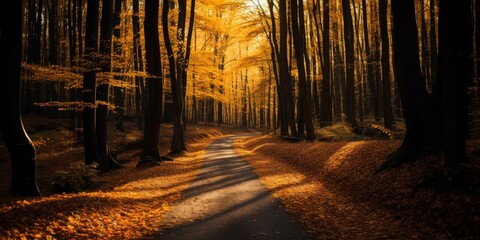 Golden autumn forest path sunlight through trees