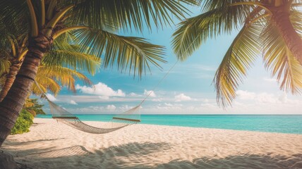 Obraz premium Relaxing beach scene featuring hammock under palm trees with white sand turquoise water and sunny sky for holiday vacation