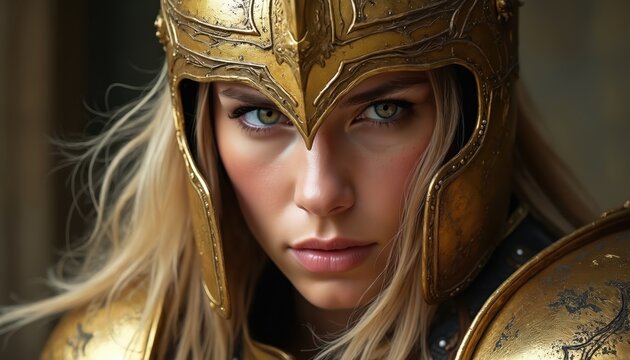 Close-up portrait of female warrior wearing golden armor helmet. Brave woman with determined expression, confident look, fantasy concept for film, games, cosplay, illustration.