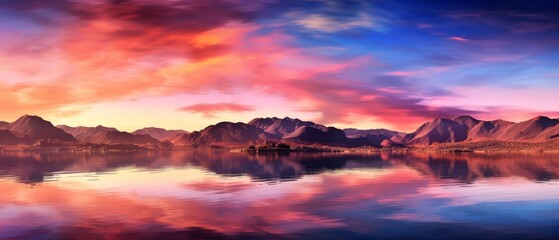 Serene sunset over majestic mountains and calm lake