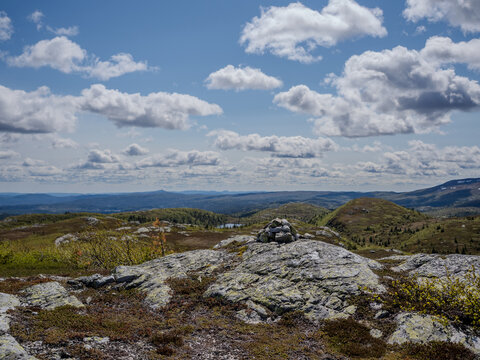 Cairn on rocky mountain top in Blefjell, Norway