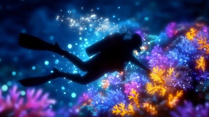 Naklejka premium Underwater Diver Silhouette Glowing Coral Reef Night Dive Ocean Exploration