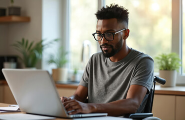 Black man with disability works on laptop at home. Entrepreneur, businessman reading documents, filling forms. Modern tech for online business, remote work, freelance, digital nomad. Accessible