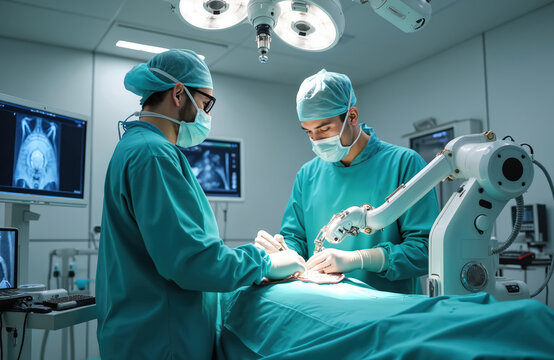 Surgeons perform surgery using robot in modern operation room. Robotic arm precise movements in operation. Medical tech, innovative healthcare procedure, futuristic technology used during surgical