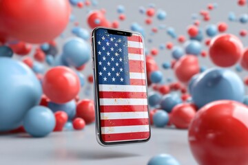3D Smartphone with USA Flag on Screen, Red White Blue Festive Background