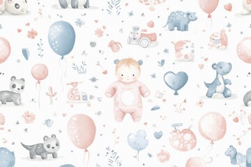 Adorable baby, animals, and toys watercolor seamless pattern