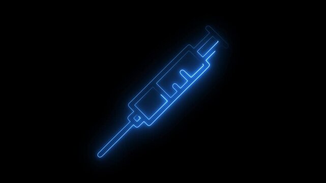 Glowing neon syringe emoji icon animation in blue on black background