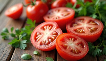 Fresh tomatoes sliced for salad, arranged on wooden table with parsley. Red, ripe juicy tomatoes with green herbs. Healthy food concept for fresh summer eating.