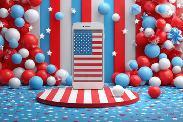 3D Smartphone with USA Flag on Screen, Red White Blue Festive Background
