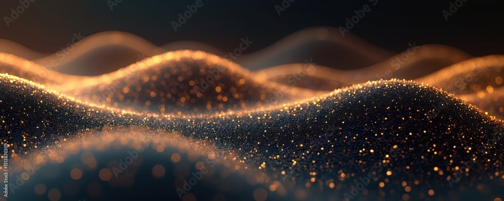 Poster Abstract 3d render of gold wave pattern with glowing dots on black backdrop. Hi-tech digital data network connection design for banner or presentation about tech digital data network connection.