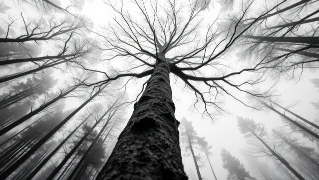 Low angle black and white photo of tall leafless trees in a forest
