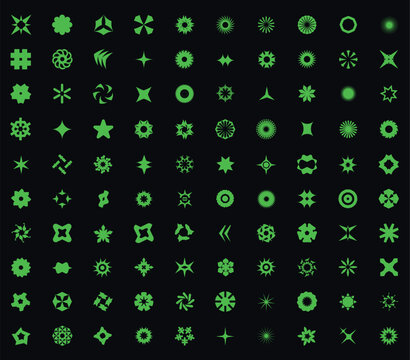 Super pack de 100 iconos vectoriales en verde ne&oacute;n: formas geom&eacute;tricas abstractas y estrellas.