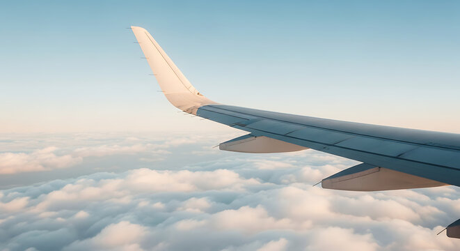 View of airplane wing above the clouds during a serene flight