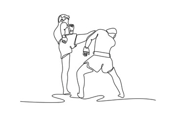 Single continuous line drawing two aggressive kickboxing fighter having competition at national tournament. Sport, health, workout, training, strength. One line draw graphic design vector illustration