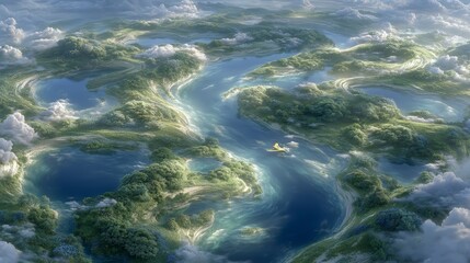 Fototapeta premium Aerial View of Lush Rainforest Lakes Clouds Airplane Sustainable World Concept
