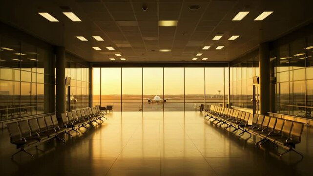 Cinematic sunset view of an empty airport terminal with golden light and airplane in the distance
