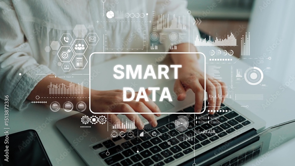 Poster hands of a person typing on laptop with smart data graphics for technology and business concepts. as