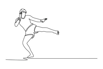 Single one line drawing Muay Thai fighter practicing, training martial arts in action, motion. Healthy lifestyle, sport, asian culture concept. Continuous line draw design graphic vector illustration
