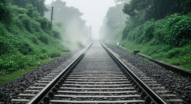 Railway track in rain with mist and green scenery | nostalgic monsoon vibe | rain aesthetic wallpaper background, monsoon rain news update