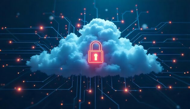 A cloud computing diagram with Syber security of cloud network, with secure network connections and a central lock symbol, Cloud Security, dynamic and dramatic compositions, created with generative ai