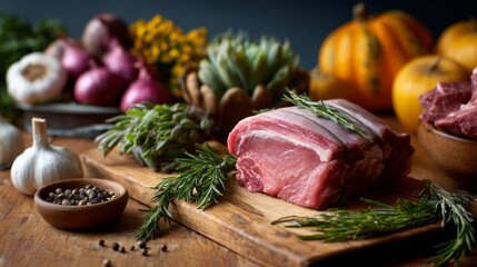 Succulent gourmet meat cuts are artfully arranged on a wooden board, complemented by vibrant autumn vegetables and aromatic herbs, creating a warm culinary atmosphere