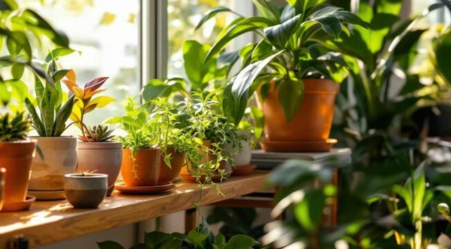Sunlit windowsill indoor plants collection