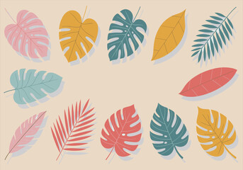 Vector illustration of tropical leaves in soft pastel colors - tropical, leaves, pastel, vector, botanical, nature, foliage, design, minimal, illustration.