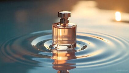 high-end and elegant perfume ad from a close-up shoot. perfume stands in the middle of the picture in a thin layer of water created with generative ai