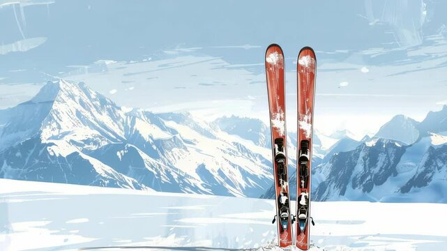 Red skis stand against a panoramic mountain view with snow-capped peaks under a blue sky. The skis are ready for an adventure in the scenic winter landscape.