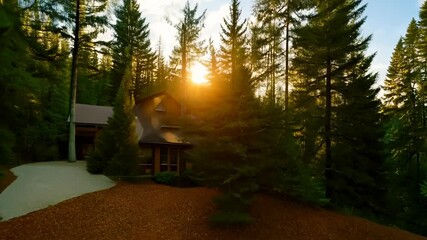 Wooden house in the forest, away from the hustle and bustle of the city. The wooden house, surrounded by trees, provides a tranquil escape from the daily hustle of city living.