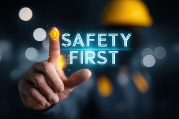 Industrial Safety First Concept with Worker Touching Holographic Hazard Warning in Construction Site