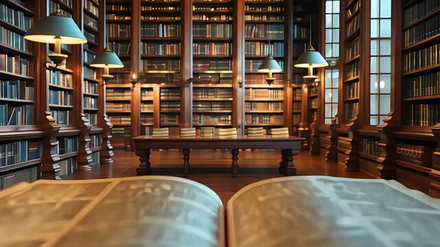 Historic library interior with tall wooden bookshelves, open book in foreground, reading lamps, and large windows letting in soft daylight

