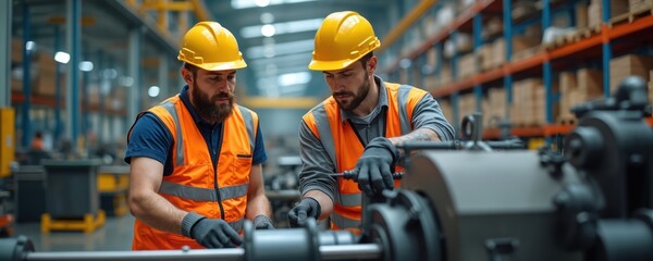 Two pro engineers in safety helmets and vests checking machinery in industrial manufacturing factory. Men at work in metal workshop at production line. Technician, worker, plant, warehouse employee.