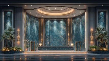 Obraz premium Modern Luxury Hotel Lobby Night Entrance Teal Marble 8K