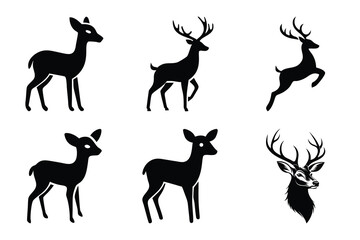 Set of Black Deer Silhouettes Fawn, Doe, Buck and Jumping Deer
